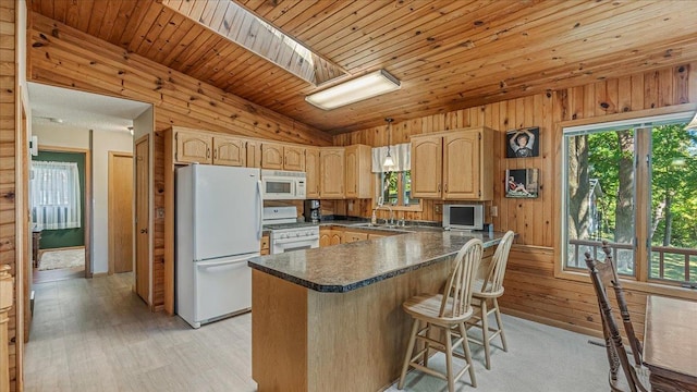 kitchen featuring light brown cabinets, wood walls, white appliances, light hardwood / wood-style flooring, and wooden ceiling