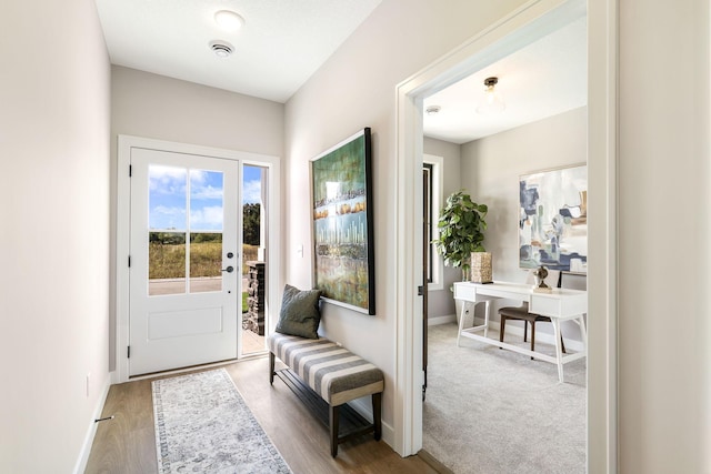 foyer entrance with light hardwood / wood-style flooring