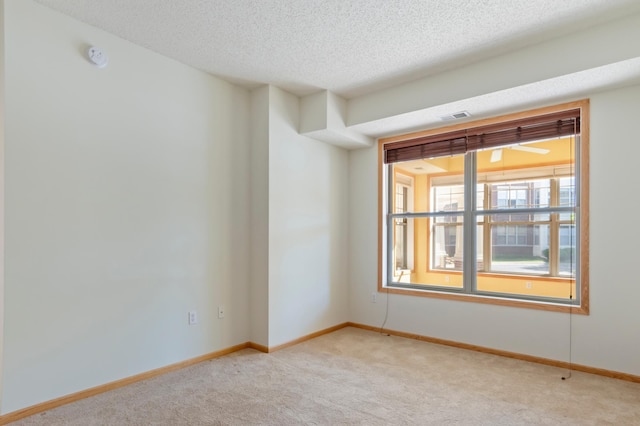 empty room featuring light carpet and a textured ceiling