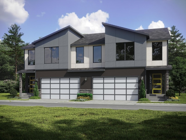 contemporary home featuring a garage and a front yard