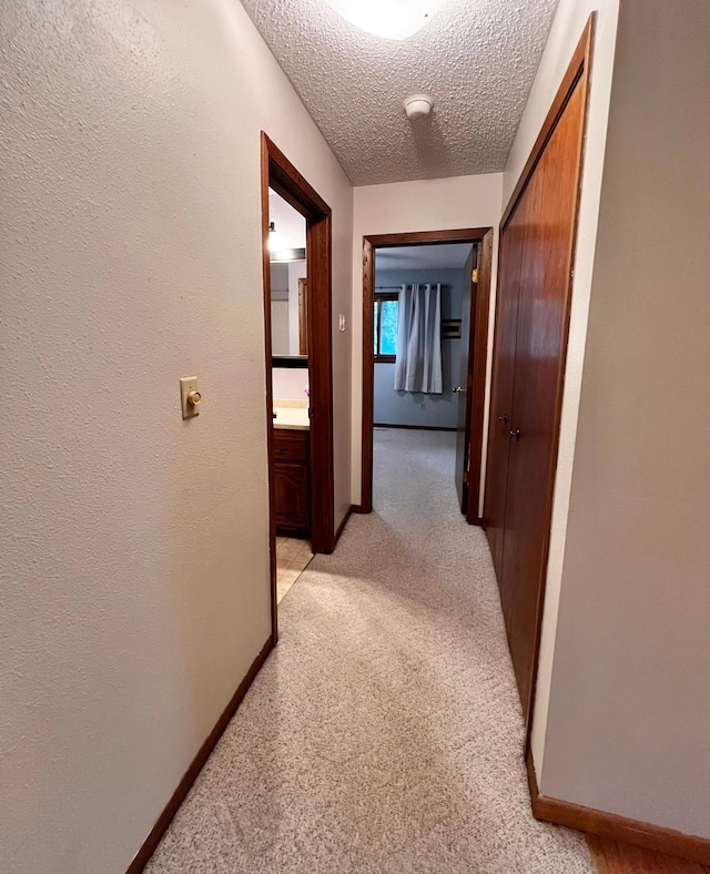 hall featuring light colored carpet and a textured ceiling