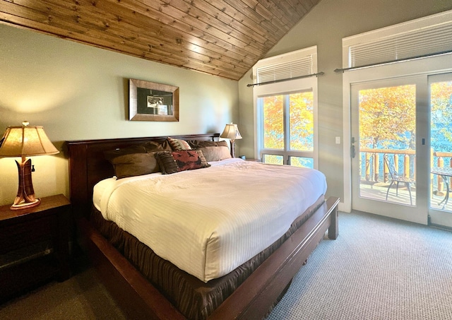 bedroom with carpet, vaulted ceiling, access to outside, and wooden ceiling