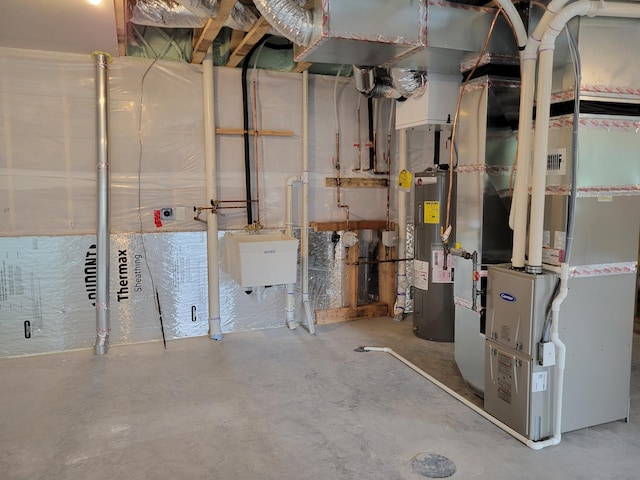 utilities with heating unit, sink, and water heater