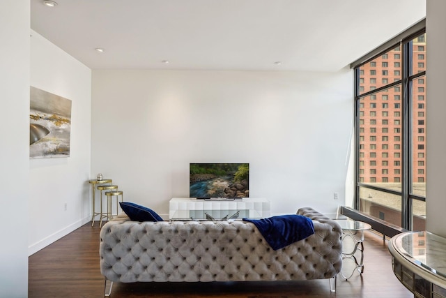 living area featuring recessed lighting, wood finished floors, baseboards, and expansive windows