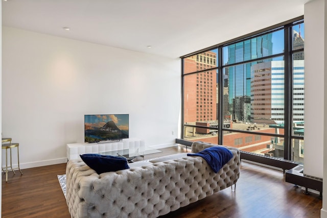 living area with floor to ceiling windows, baseboards, and wood finished floors