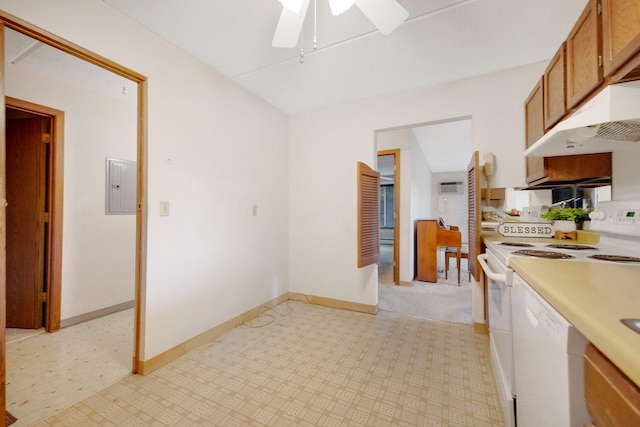 kitchen with electric panel, ceiling fan, and white appliances