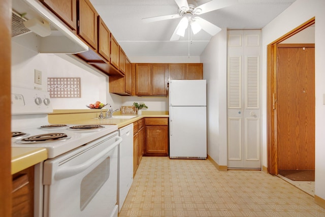 kitchen with ceiling fan, white appliances, and sink