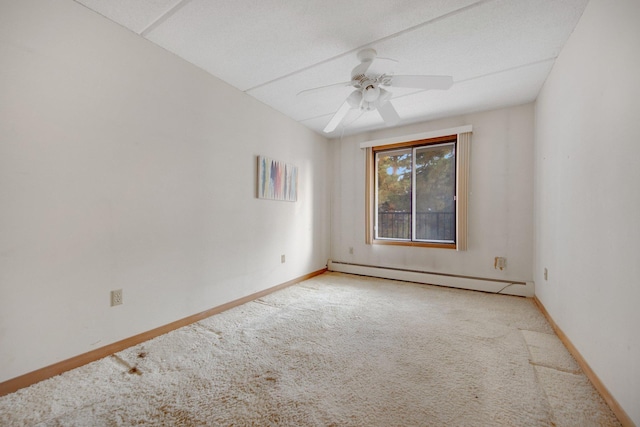 unfurnished room with ceiling fan, light carpet, and a baseboard radiator