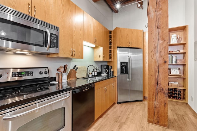 kitchen with light hardwood / wood-style floors, stainless steel appliances, and sink