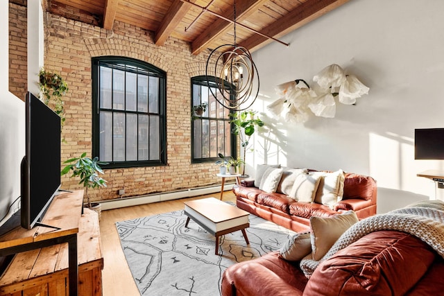 living room with hardwood / wood-style flooring, beamed ceiling, wooden ceiling, brick wall, and a baseboard radiator