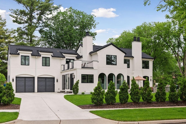 view of front of home with a garage, a front yard, and a balcony