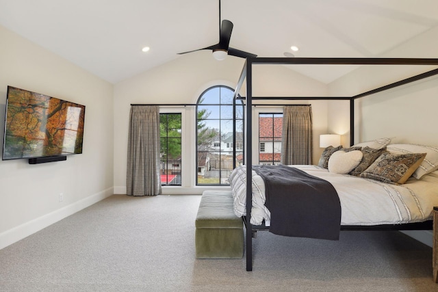 bedroom featuring ceiling fan, lofted ceiling, and carpet floors