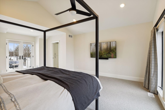 carpeted bedroom with lofted ceiling, access to exterior, french doors, and ceiling fan