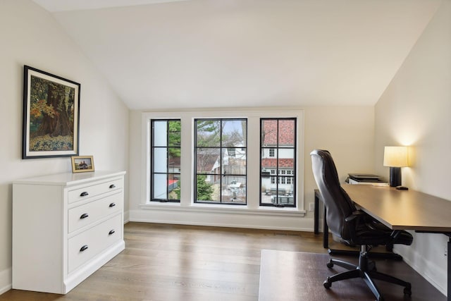 office area featuring lofted ceiling and hardwood / wood-style floors