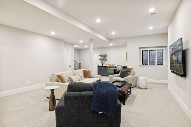 living room featuring light colored carpet