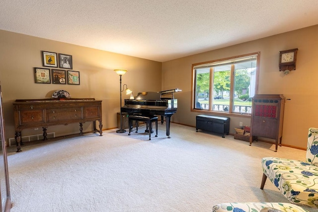 living area with a textured ceiling and light colored carpet