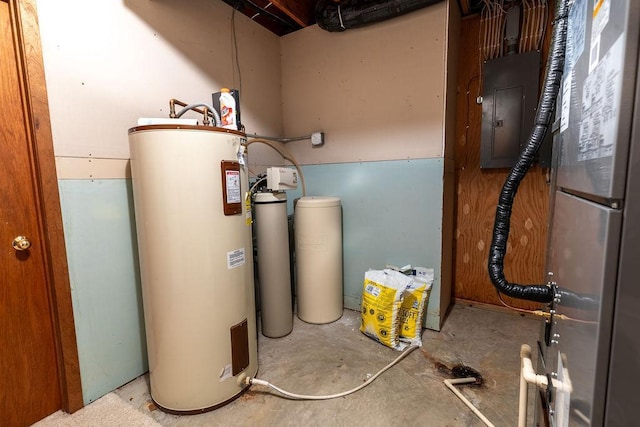 utility room with electric panel and electric water heater