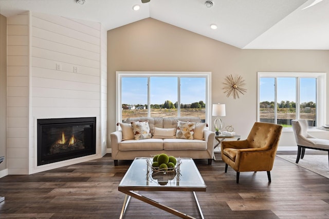 living room with lofted ceiling, dark hardwood / wood-style floors, and a fireplace