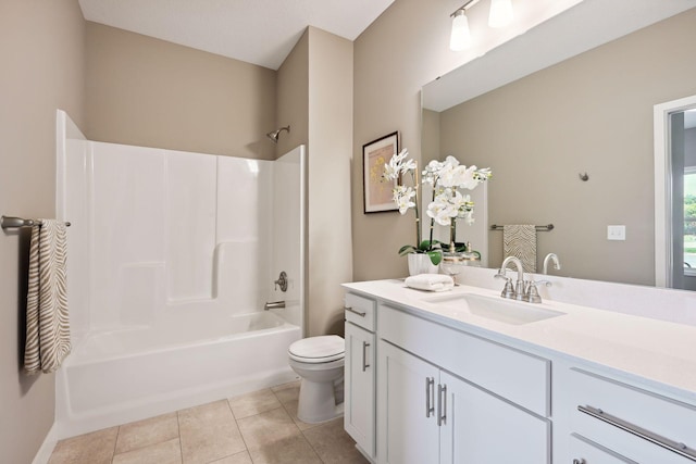 full bathroom with shower / bathtub combination, tile patterned floors, toilet, and vanity