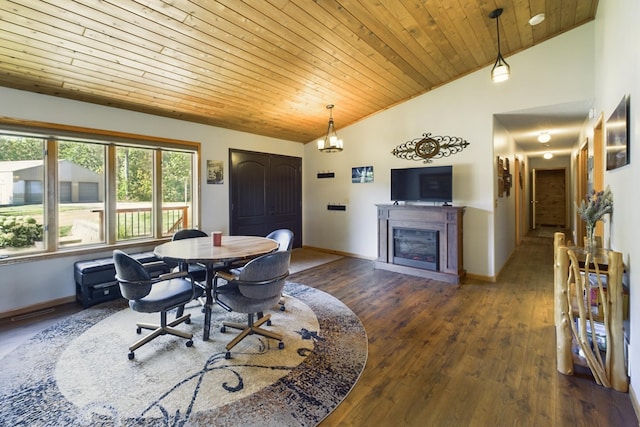 dining room featuring dark wood-type flooring, an inviting chandelier, vaulted ceiling, and wooden ceiling