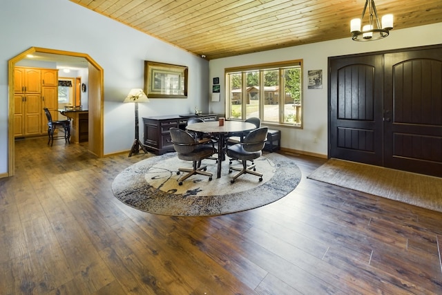 dining room with vaulted ceiling, dark hardwood / wood-style floors, and wooden ceiling