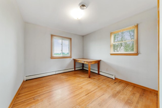 unfurnished room with light hardwood / wood-style flooring and a baseboard radiator