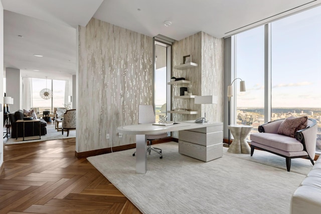 home office with parquet flooring