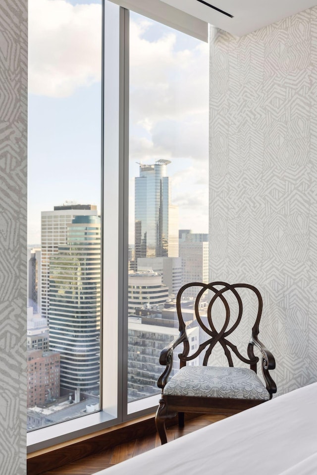 255 Hennepin Ave Unit 3402, Minneapolis, MN 55401 - bedroom with a city view and wallpapered walls
