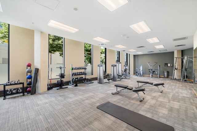 exercise room featuring light carpet and floor to ceiling windows