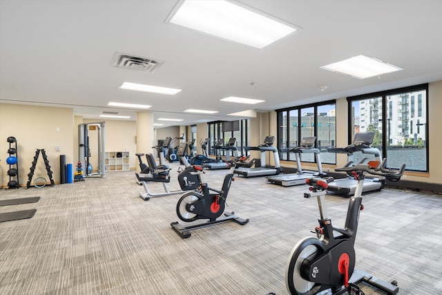 exercise room with light colored carpet