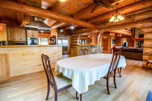 dining space with beam ceiling, light hardwood / wood-style flooring, wood ceiling, log walls, and ceiling fan with notable chandelier