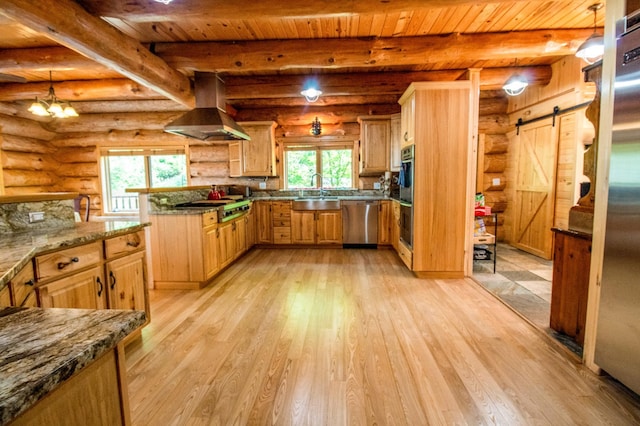 kitchen featuring decorative light fixtures, appliances with stainless steel finishes, island range hood, and a barn door