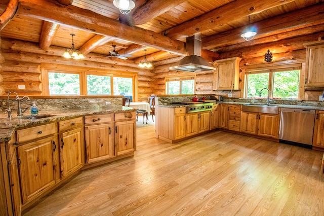 kitchen with island exhaust hood, appliances with stainless steel finishes, sink, and decorative light fixtures