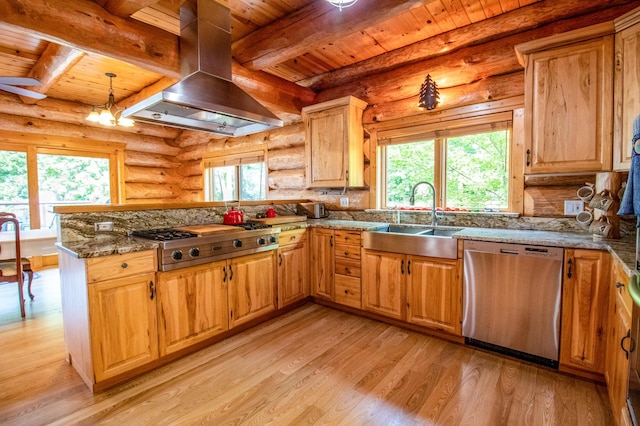 kitchen featuring log walls, stainless steel appliances, sink, kitchen peninsula, and island range hood