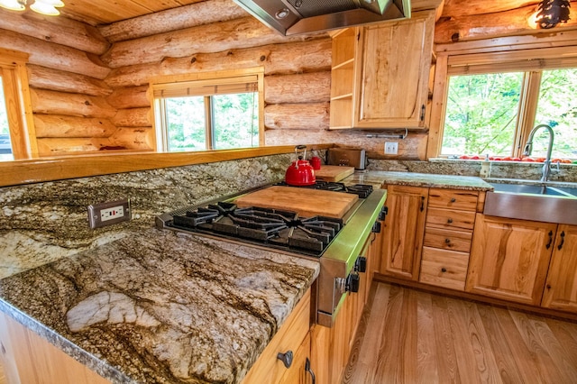 kitchen with ventilation hood, stainless steel gas cooktop, sink, and light hardwood / wood-style floors