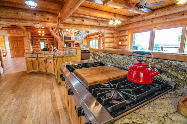 kitchen featuring cooktop, beamed ceiling, light wood-type flooring, log walls, and wooden ceiling