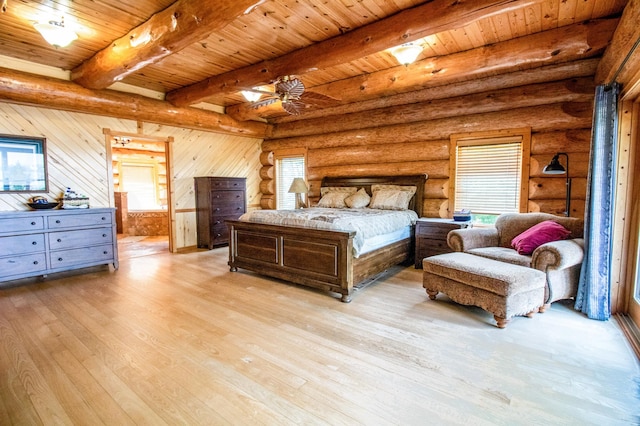 bedroom featuring light wood-type flooring, beamed ceiling, multiple windows, and wooden ceiling