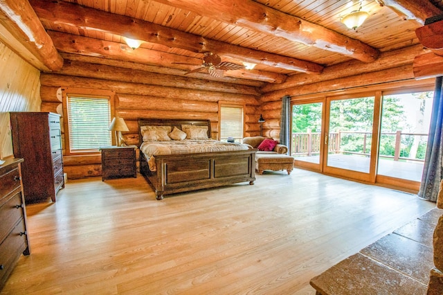 bedroom with wood ceiling, light wood-type flooring, access to exterior, rustic walls, and beamed ceiling