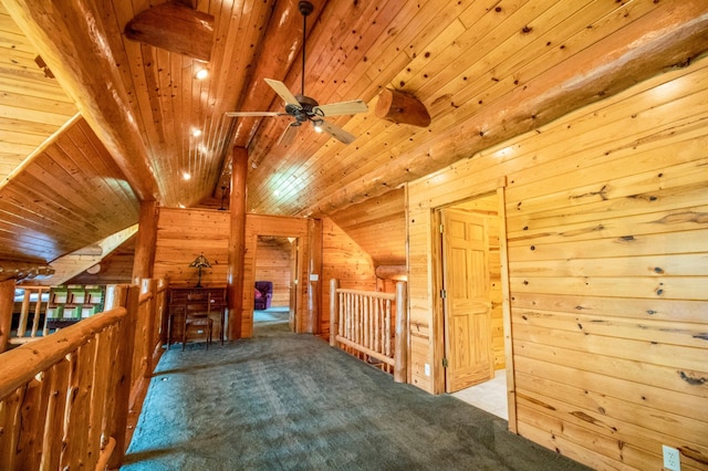 interior space with light carpet, vaulted ceiling with beams, wooden walls, ceiling fan, and wooden ceiling