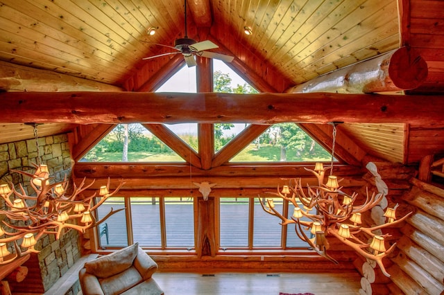 living room with ceiling fan with notable chandelier, log walls, high vaulted ceiling, light hardwood / wood-style flooring, and beam ceiling