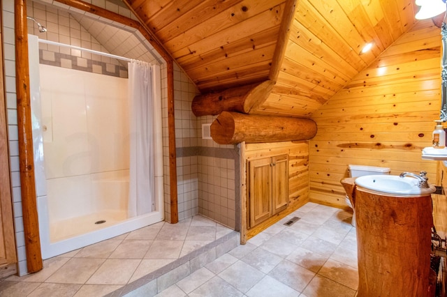 bathroom with lofted ceiling, wooden walls, a shower with shower curtain, and wooden ceiling