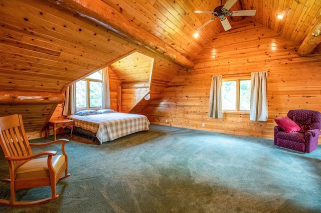 bedroom with wood walls, wooden ceiling, ceiling fan, carpet floors, and vaulted ceiling