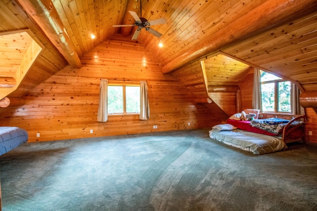 bedroom with lofted ceiling with beams, wood ceiling, wood walls, and carpet flooring