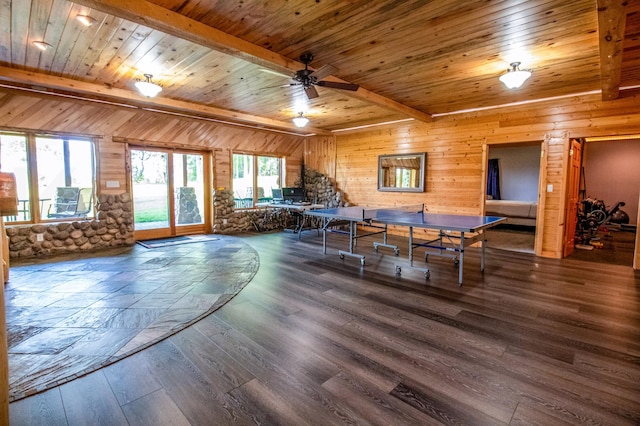 interior space with dark wood-type flooring, wood walls, ceiling fan, wooden ceiling, and beam ceiling