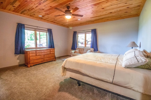 carpeted bedroom featuring ceiling fan, wood ceiling, and crown molding