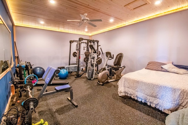 bedroom featuring ceiling fan and wood ceiling