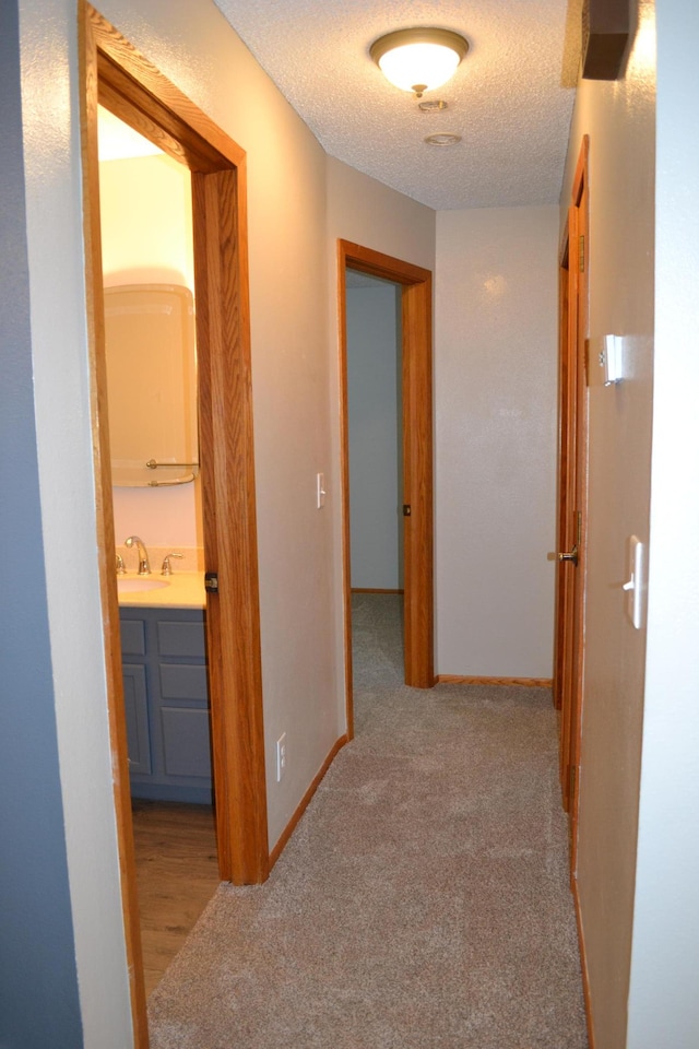 hallway featuring a textured ceiling, light carpet, and sink