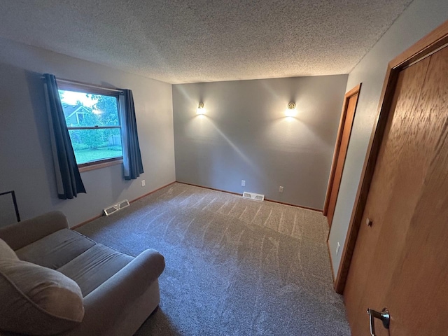 sitting room featuring a textured ceiling and carpet