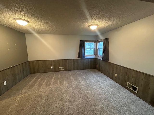 unfurnished room with a textured ceiling and carpet floors