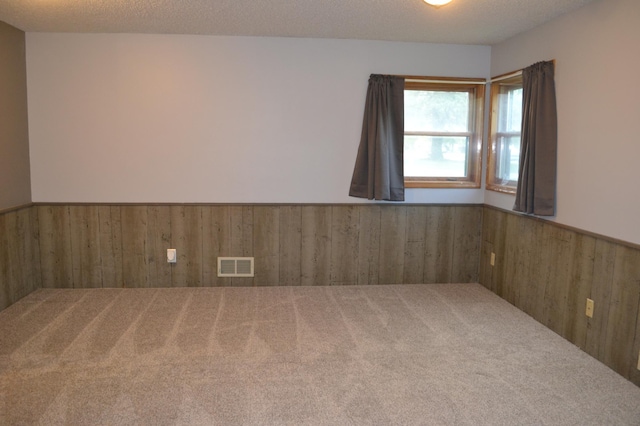 spare room featuring a textured ceiling, carpet floors, and wood walls